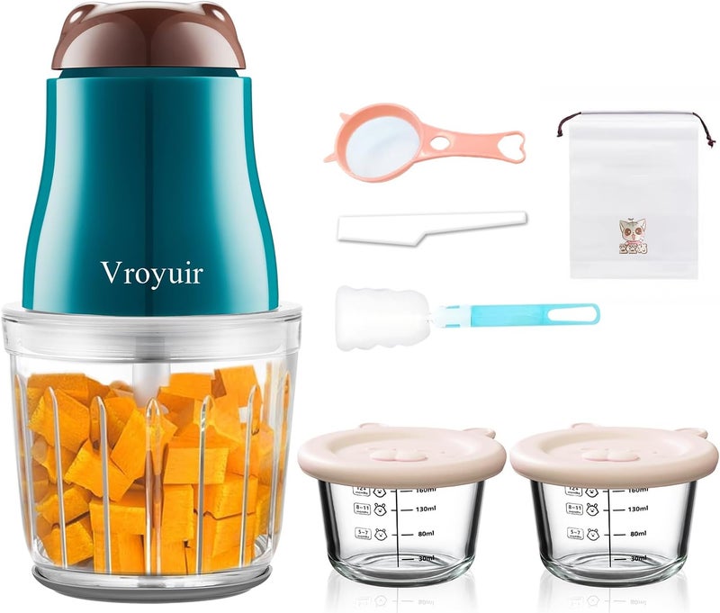 Vroyuir صانع طعام الأطفال، خلاط طعام الأطفال 600 مل مع 10 شفرات، معالج طعام للأطفال، فواكه، خضار، لحم، مع وعائين زجاجيين سعة 200 مل، حقيبة تخزين، فرشاة تنظيف، مكشطة - Image 1